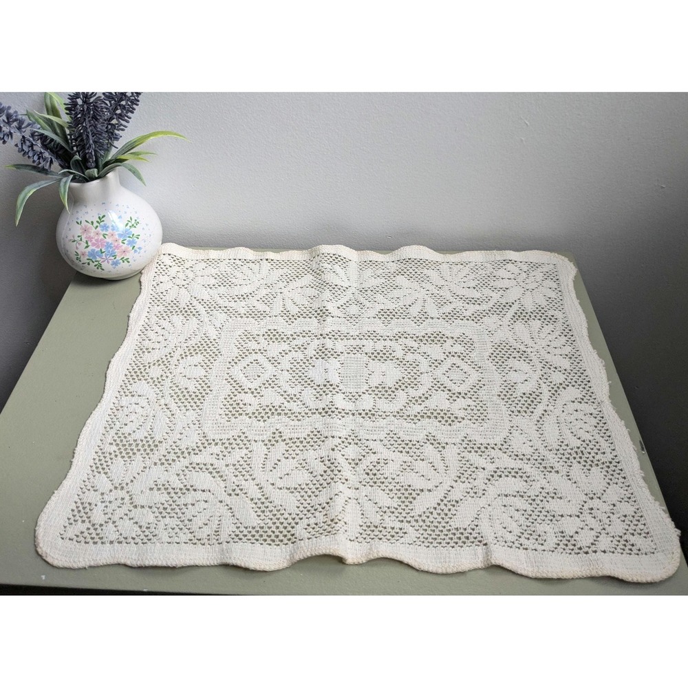 Pair of Vintage Hand Crocheted Lace Doilies Filet Crochet Floral Placemats